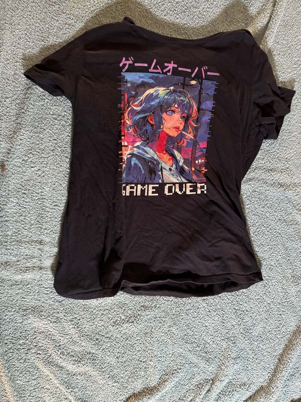 Gildan Anime Game Over Graphic T-Shirt Black‎ Size Small